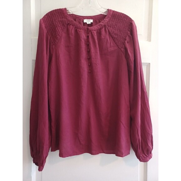 Crown & Ivy boho burgundy peasant blouse M smocking detail sleeves pullover - Picture 1 of 12